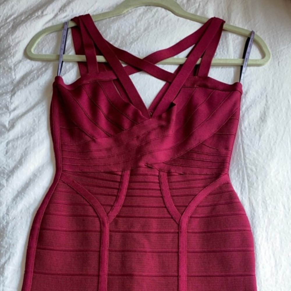 Herve Leger Maroon Cross Front Mini Dress